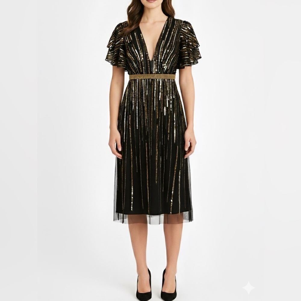 NWT Mac Duggal Beaded Sequin A Line Midi Dress Black Gold V Neck Sample Sz 2